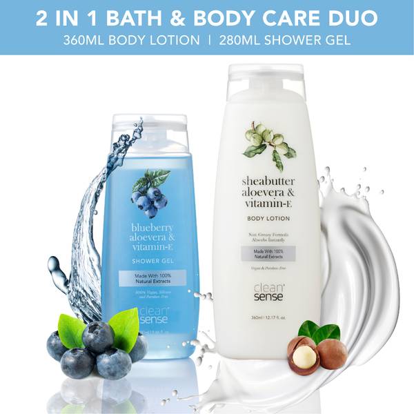 cleansense Shea Butter and Aloevera Body Lotion & Blueberry Shower Gel Combo For Men and Women (Body Lotion 360ml + Shower Gel 280ml)