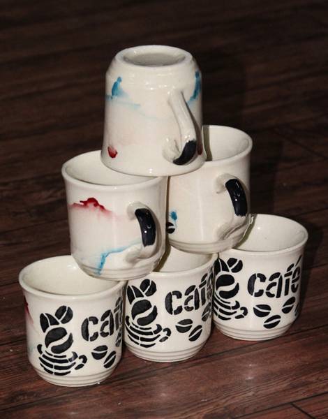 Pack of 6 Ceramic Pack Of 6 Tea Cups, Black Coffee Printed 100 Ml Size Tea Cup