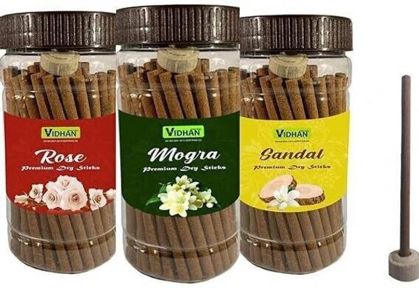 vidhan Dhoop Sticks Premium Jar 3x100Gm | No Bamboo| Dhoop Stick | ROSE MOGRA SANDAL Rose, Sandal, Jasmine Dhoop