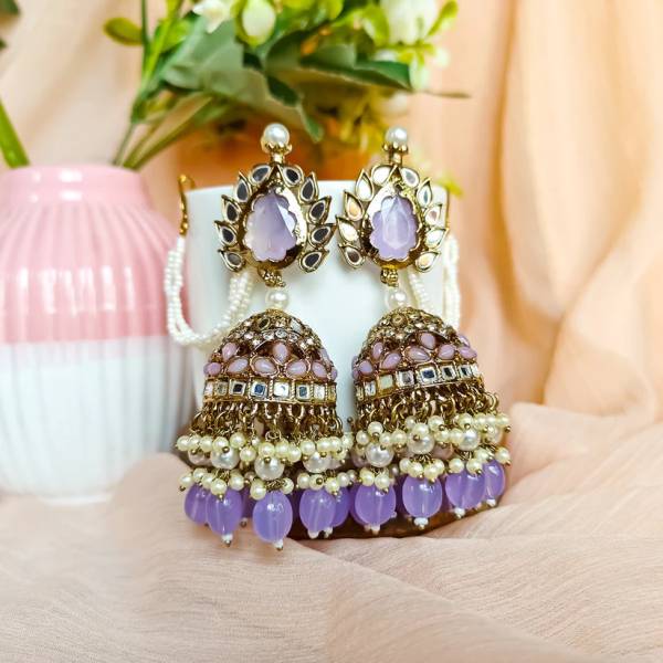 Lucentarts Jewellery Pearl Studded Traditional Purple Jumkha Earrings For Women Cubic Zirconia Alloy Jhumki Earring