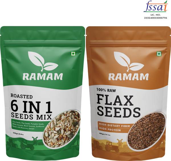 Ramam Roasted 6 in 1 Mix Seeds 250g and Raw Flax Seeds Combo 400g Mixed Seeds, Brown Flax Seeds