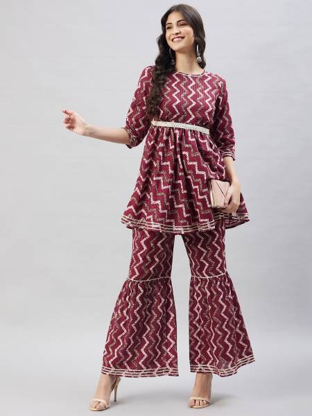 WineRed Women Kurta Sharara Set