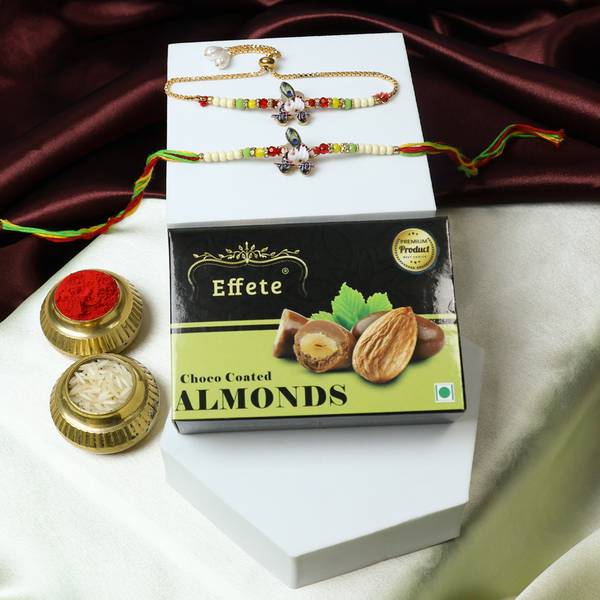 Effete Bhaiya Bhabhi Rakhi Combo with Chocolate Almond(32gm)|Rakhi for Bhaiya/Bhabhi |K1_455_CA32_Y24 Assorted Rakhi, Chawal Roli Pack, Coins, Greetin...
