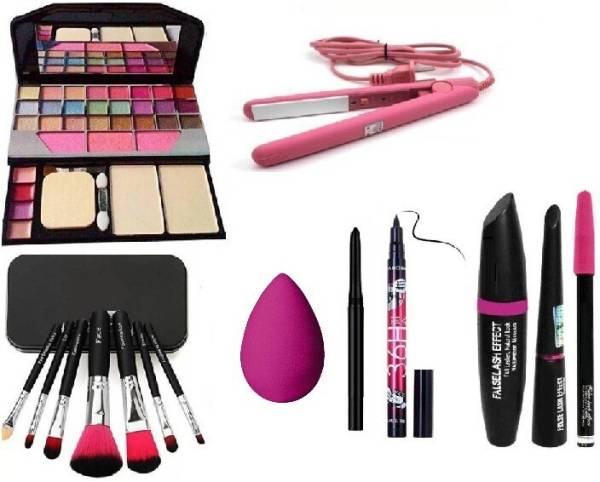 klaty BLACK Smudge Proof Kajal,3in1 Combo set,36h Eyeliner,Washable Makeup Sponge/Puff,Set of 7 BLACK/PINK Makeup Brushes,All in One Best Makeup kit 6...