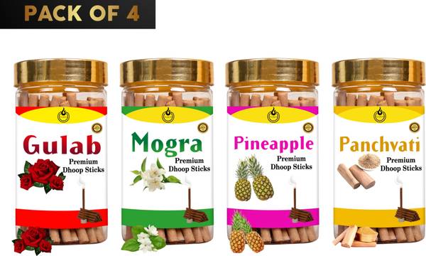 Aroblend ORGANIC GULAB, MOGRA, PINEAPPLE & PANCHVATI DHOOP STICKS | 40 STICKS/JAR, PACK OF 4 | BAMBOO FREE DHUP FOR POOJA, MEDITATION & DAILY USE