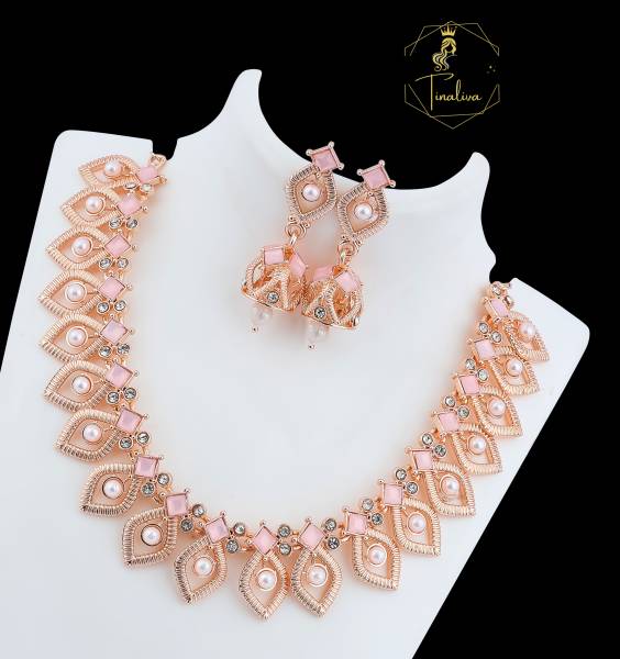 TINALIVA Brass Gold-plated Pink Jewellery Set