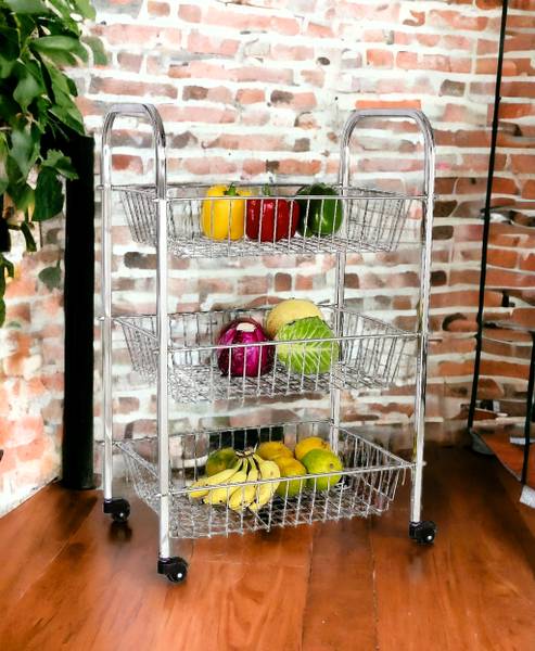 Amol Premium Stainless Steel Vegetable / Fruit / Onion / Potato / Grocery / Wheel Basket Kitchen Trolley Rack Stainless Steel Kitchen Trolley