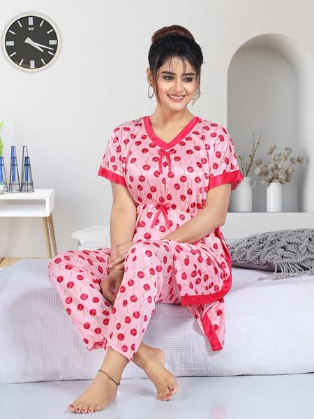 Women Printed Pink Top & Pyjama Set