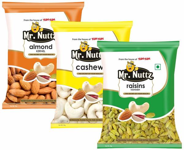 Mr.Nuttz Premium Dry Fruits Combo Pack 150g (Badam, Kaju & Kishmish) - Almonds, Cashews, Raisins