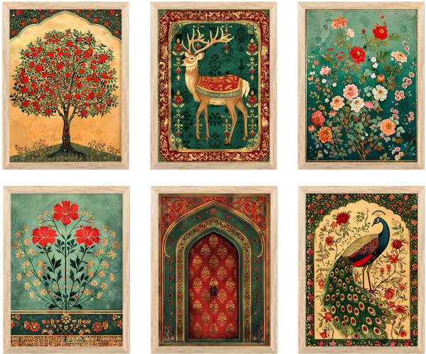 Artifly Set of 6 Framed madhubani art Paintings for Living Room and wall decor P-05 Digital Reprint 13 inch x 10 inch Painting
