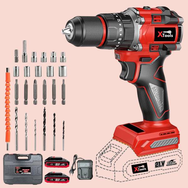 XTOOLS 4.0Ah Battery | Brushless Motor |Metal & Wood | Includes 2 Batteries & Charger 21V Cordless Impact Drill Cordless Drill