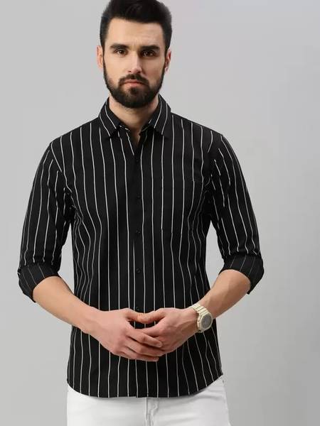 RODEIZ Men Striped Casual Black Shirt