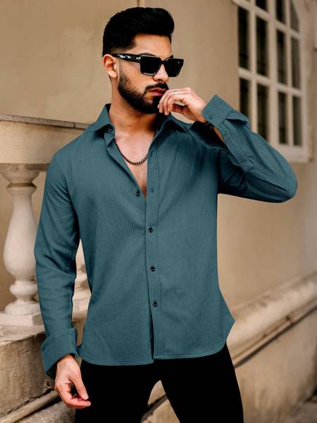 Khushi Creation Men Self Design Casual Blue Shirt