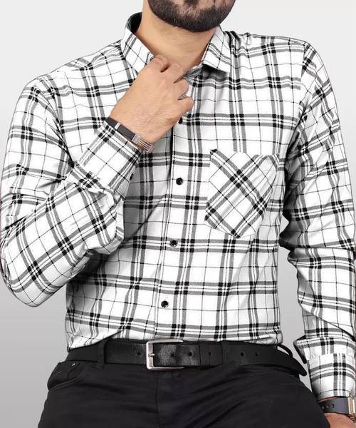 Men Checkered Formal White Shirt