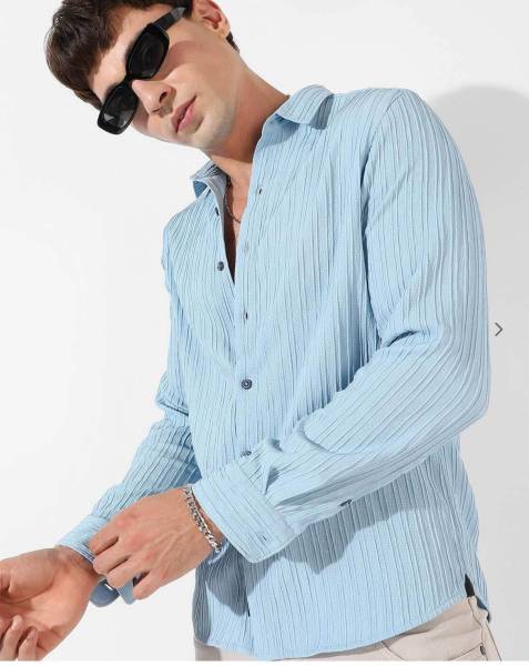 SHIMAK Men Self Design Casual Light Blue Shirt