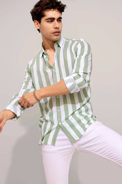 HKV FASHION Men Striped Casual Green Shirt