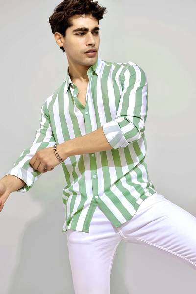 Men Striped Casual Green Shirt