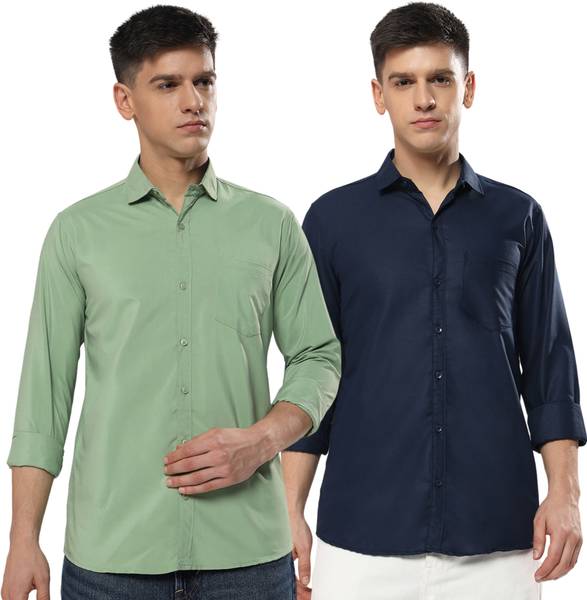 youth first Men Solid Formal Dark Blue, Light Green Shirt