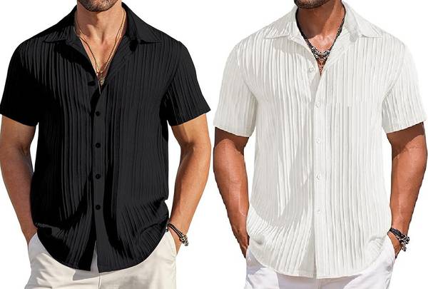 Men Self Design Casual Black Shirt