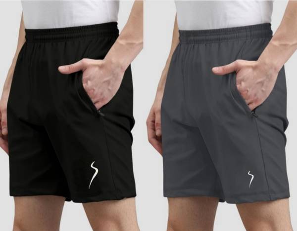 HouseOfCommon Solid Men Black, Grey Sports Shorts