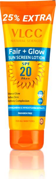 VLCC Sunscreen - SPF 20 PA++ Fair + Glow Sun Screen Lotion - Brightening formula sunscreen