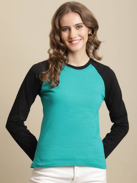 Fabflee Colorblock Women Round Neck Blue T-Shirt