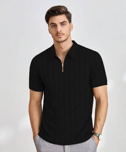 KAJARU Self Design Men Polo Neck Black T-Shirt