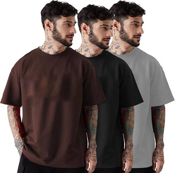 VIOUR Printed Men Round Neck Brown, Black, Grey T-Shirt