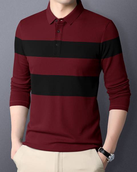 GARBLY Striped Men Polo Neck Maroon T-Shirt