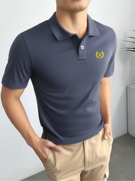 MACK JONNEY Solid Men Polo Neck Navy Blue T-Shirt