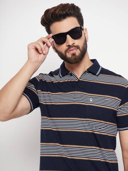 UNIBERRY Striped Men Polo Neck Navy Blue T-Shirt