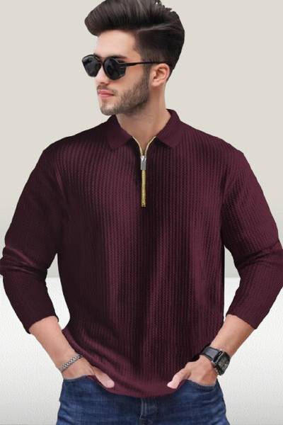 Self Design Men Maroon T-Shirt