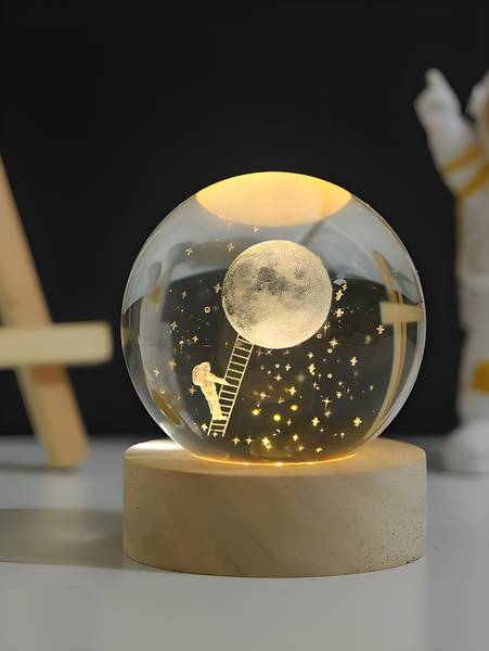 SHOPOGENIX 3D Crystal Ball Lamp | Night Light with Wooden Base | Moon Landing Style Table Lamp