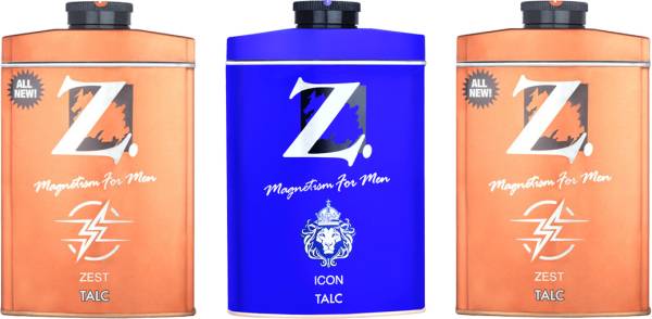 Z - Magnetism for Men Talc 100 gm pack of 3 (2Zest + 1Icon)