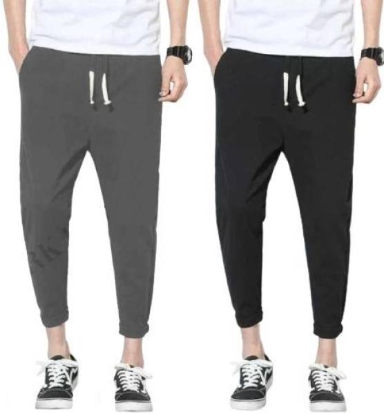 Regular Fit Men Black, Grey Trousers