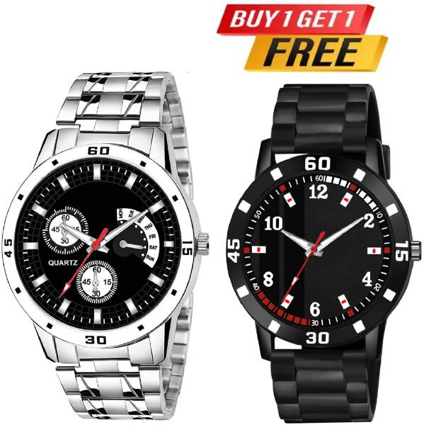 Buy 1 Get 1 free Analogue Black Dial Stainless Steel Chain With Gift Trading PU Rubber Belt Watch Combo Pack OF 2 Analog Watch - For Men