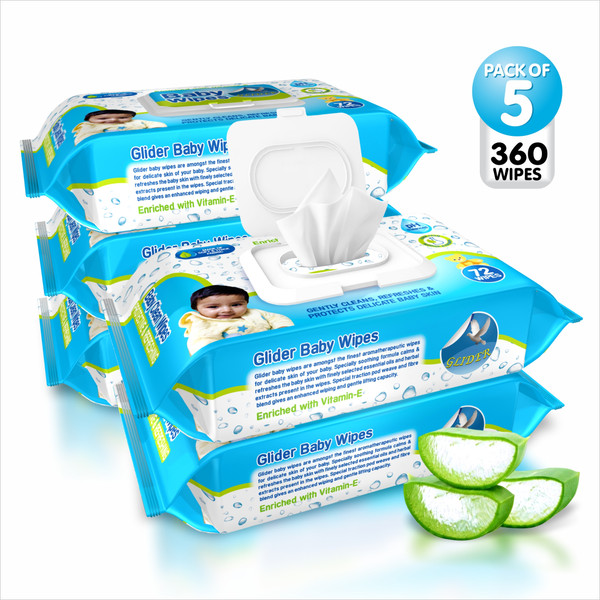 GLIDER Baby Wipes - with Moisture Lock Flip-Top , Contains Aloe Vera & Vitmain E , pH balanced with No Parabens & Chlorine - Pack of 5