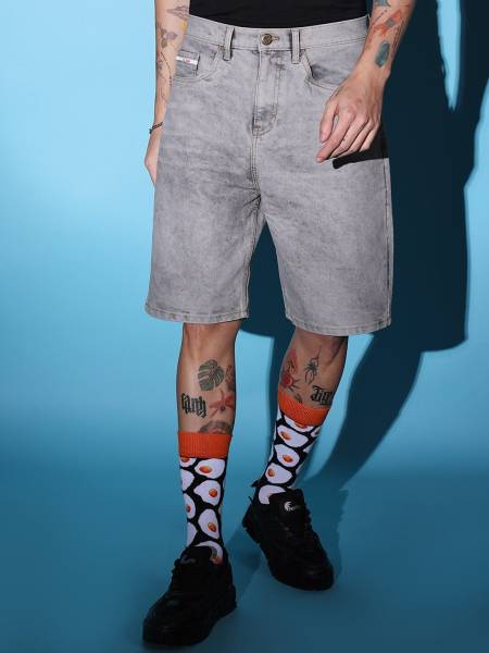 The Indian Garage Co. Solid Men Grey Denim Shorts