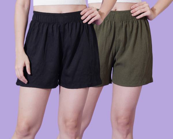 Kintu Parantu Solid Women Black, Green Casual Shorts