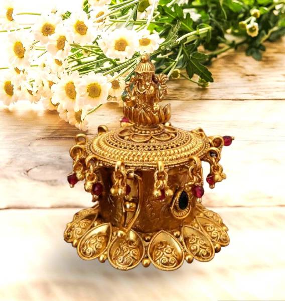 Denique Brass Sindoor Box Gold Plated Sidoor Box Laxmi Kempu StoneLatkan/Wedding Gift. Decorative Showpiece - 6 cm