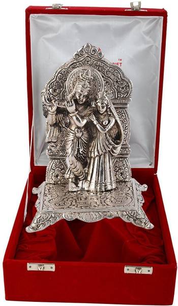 SMILES GIFT Silver Plated Radha Krishna Idol Chowki Murti With Box & Bag | For Pooja, Mandir Decorative Showpiece - 8 cm