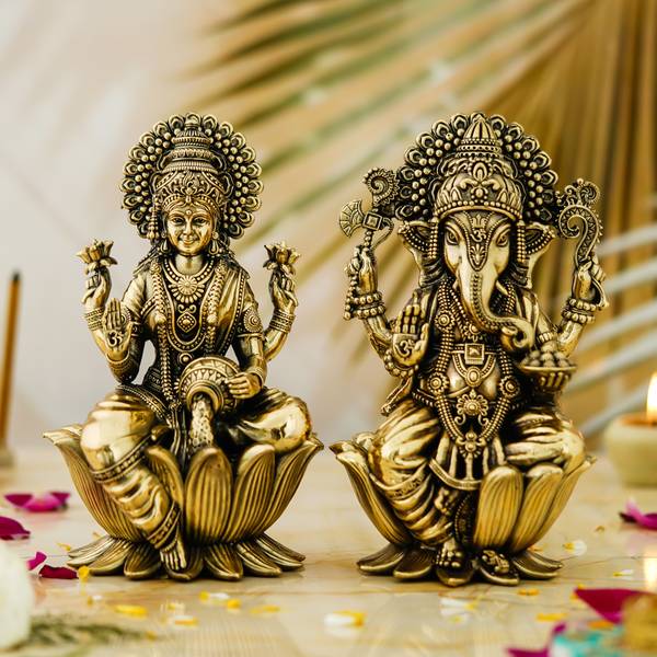 THOLIYA ARTS Set of Maa Lakshmi Ganesha Sitting Murti for Diwali MATA Laxmi Ganesh Ji Idol Decorative Showpiece - 19 cm