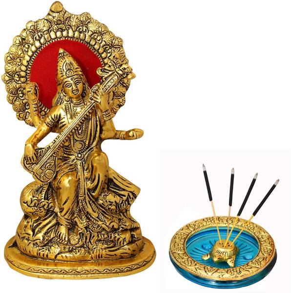 Etsi Bitsi Golden Saraswati Idol with Metal Tortoise Blue Incense Holder Combo Decorative Showpiece - 20 cm