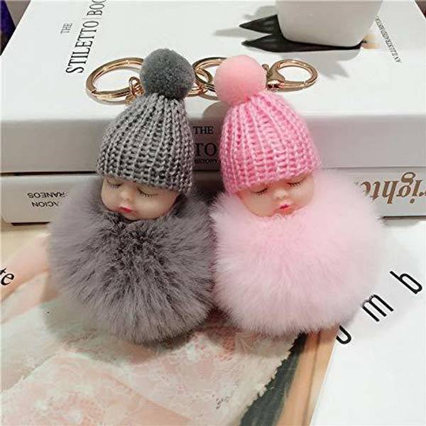 APEROL DESIGN Cute Sleeping N Smiley Baby Doll Fluffy Fur Pompom Keychain Car Bag 2PCS Key Chain