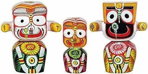Real Craft Neem Wood Lord Jagannath, Baldev and Subhadra, Sudarshan (Multicolour, 6 Inches) Decorative Showpiece - 15 cm