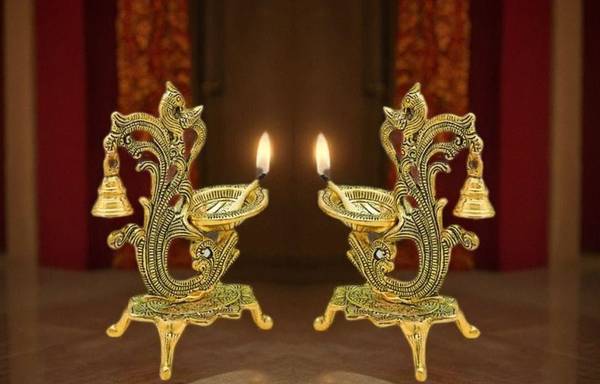 RKONECT Gold Plated Metal Peacock Shape Diya Pack Of 2 || Puja Ghar, Diwali Gift || Decorative Showpiece - 19 cm