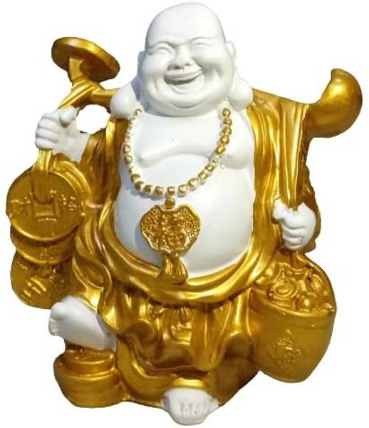 Sawcart Laughing Buddha Statue Holding Ingot & Gold Coins Good Luck Money Feng Shui Decorative Showpiece - 14 cm