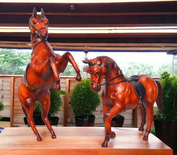 VMSK HandiCraft Shivaji & Rearing Horse Pair | Set of 2 | Leather | 12 Inch Each | Premium Decorative Showpiece - 37 cm