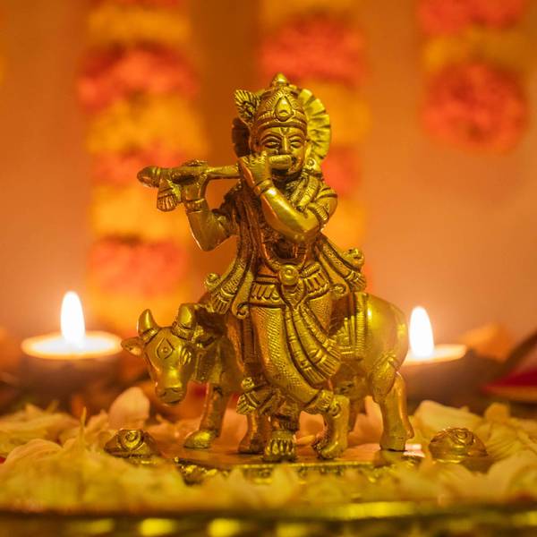 10club 100% Pure Brass Krishna Idol With Kamadhenu Cow | Antique Gold Finish Decorative Showpiece - 12.5 cm