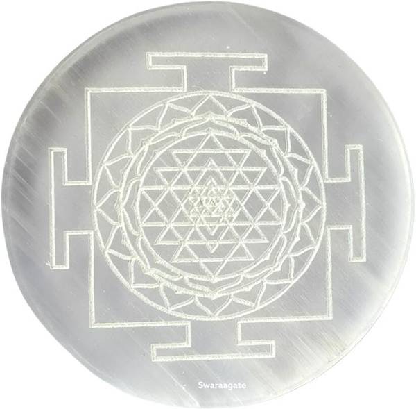 Swara Agate Selenite Charging Plate Engraved Symbol for Reiki Healing . (Sri Yantra) Decorative Showpiece - 8 cm